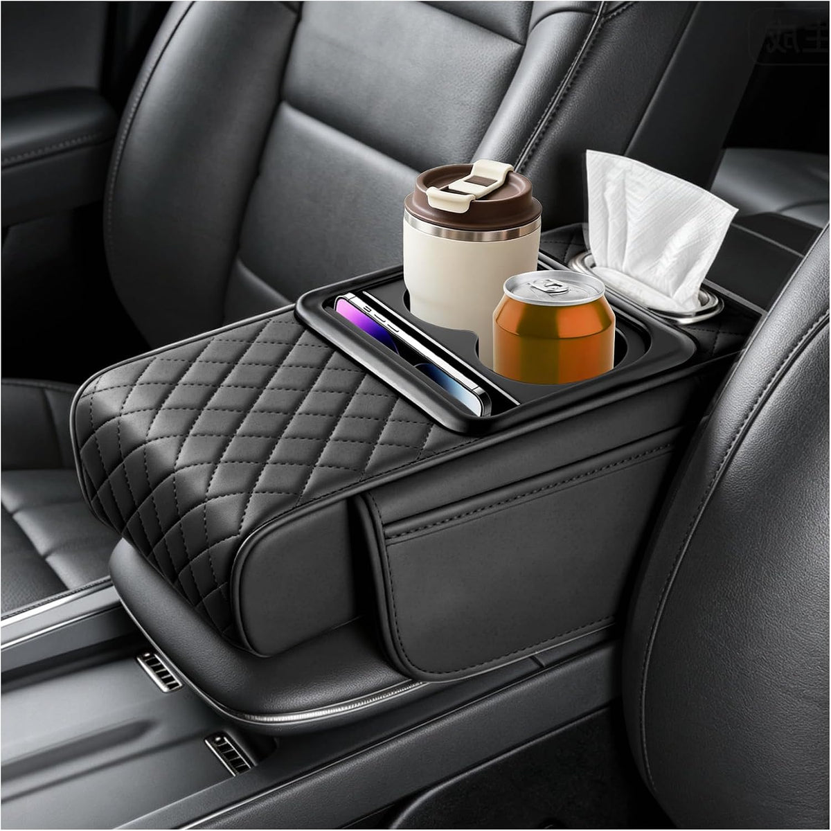 5 in1 Car Armrest Storage Box,Multifunctional Leather Car Armrest Box Pad for Elbow Support,Comfortable Center Console Cover with Cup Holder & Phone Holder & Side Storage Bag (Pink)