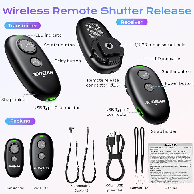 Upgraded USB-C Rechargeable Wireless Camera Remote Control Shutter Release –