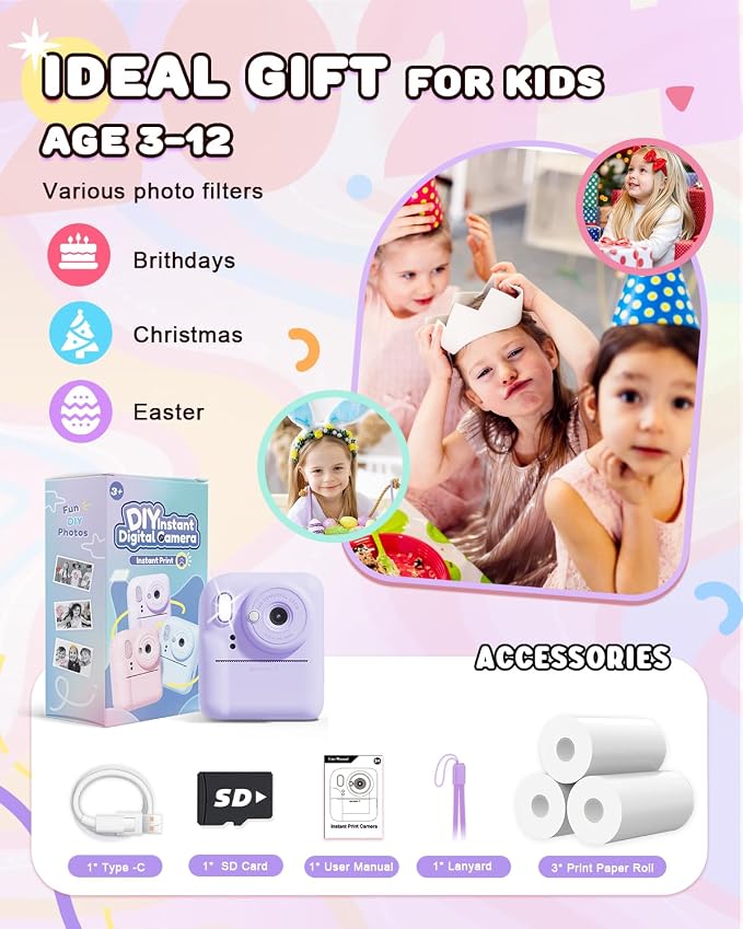 Kids Camera Instant Print, Upgrade Dual-Lens Selfie Digital Camera