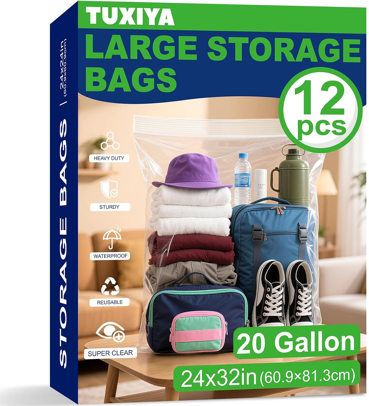 TUXIYA 15PACK 10 Gallon Extra Large Zipper Plastic Bags for Storage 24"x24"