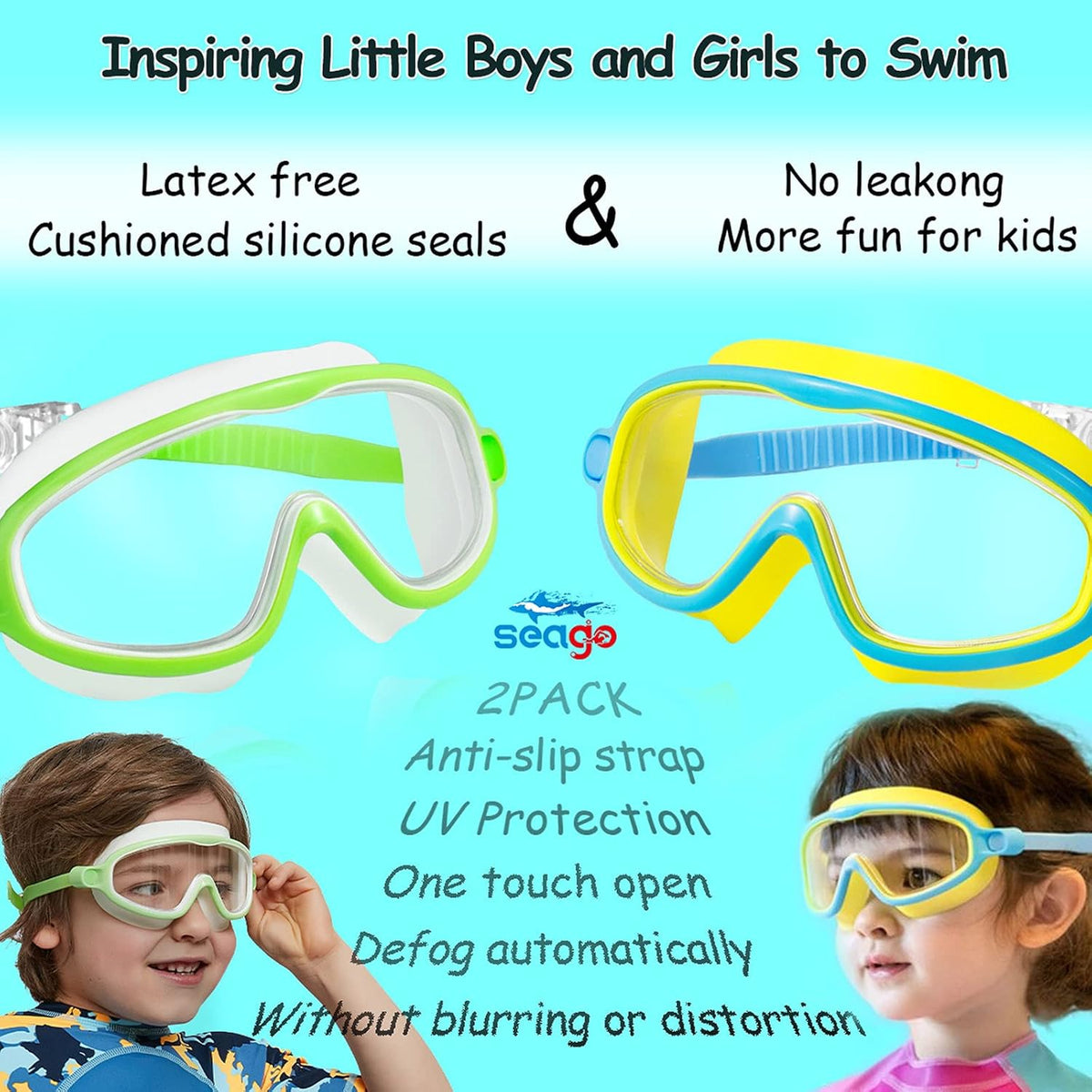 Seago Swim Goggles - Anti-Fog & Anti-UV Wide View Design | 2-Pack for Kids Ages 3-15