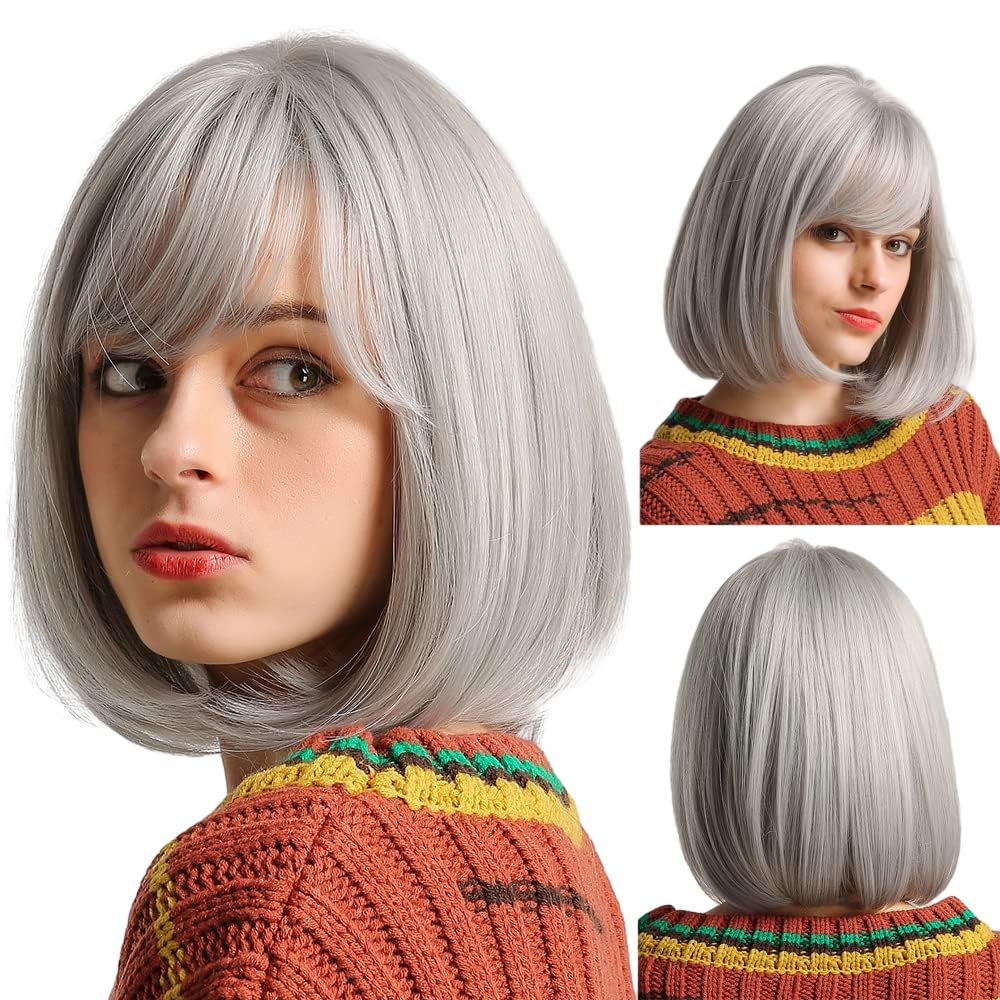 Emmor Silver Grey Bob Wig With Bangs 13'' Short Bob Wigs For Women Short Silver Grey Wig Heat Resistant Synthetic Wig Natural Lo