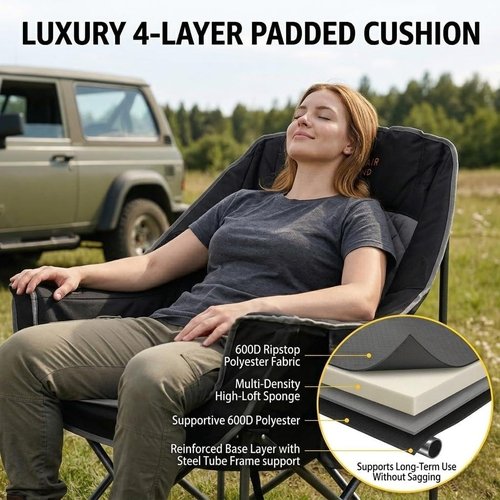 Fair Wind Oversized Padded Camping Chair - Heavy Duty Quad Fold Arm Chair, Supports 500LBS, Black | 2 Pack