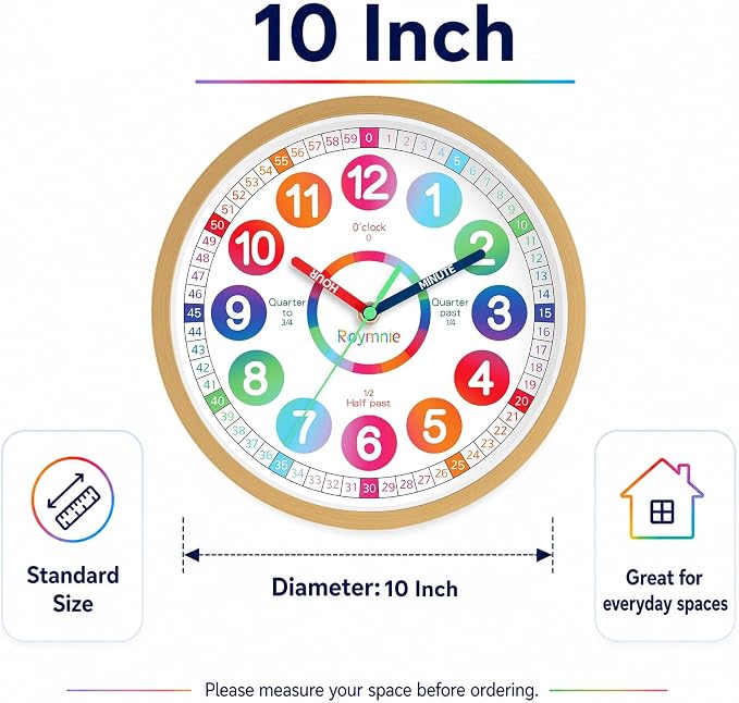 Roymnie Wall Clock Battery Operated 10 Inch Silent Non Ticking Teaching Clock