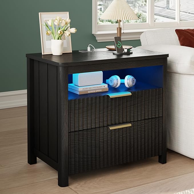 HNEBC Nightstand with Gun Drawer for Bedroom,Black Night Stand with Hidden Compartment, Auto LED Lighted, Charger Station, 2 Drawer, 23.6" Wider Bedside Table for Dorm,Sofa,Office
