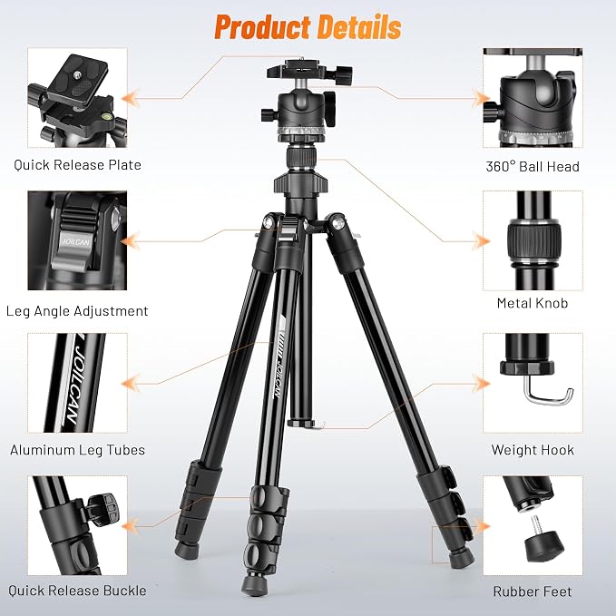 JOILCAN 66" Camera Tripod, Lightweight Travel Tripod