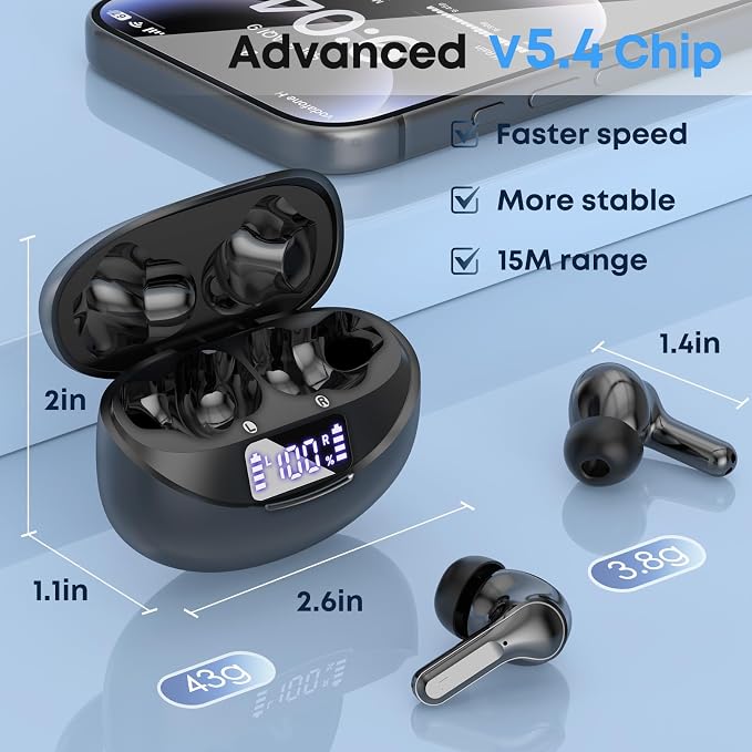 Wireless Earbuds Bluetooth 5.4 Headphones, Noise Cancelling Mic Ear Buds with 50H Playback, LED Digital Display, IPX7 Waterproof Earphones for Office/Running/Workout