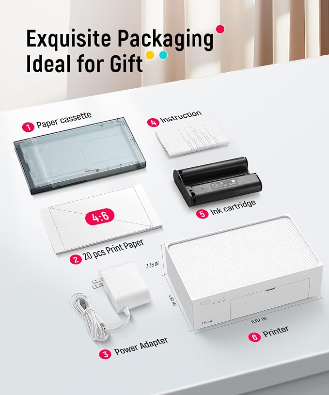 Liene M100 4x6'' Photo Printer, Wi-Fi Picture Printer, 20 Sheets, Full-Color