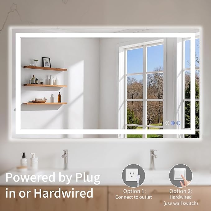 36"x55" LED Bathroom Mirror with Lights, Anti-Fog, Backlit + Front Lit, Dimmable, Led Vanity Mirror for Wall, Lighted Bathroom Mirror, 3 Colors, Shatter-Proof Tempered Glass