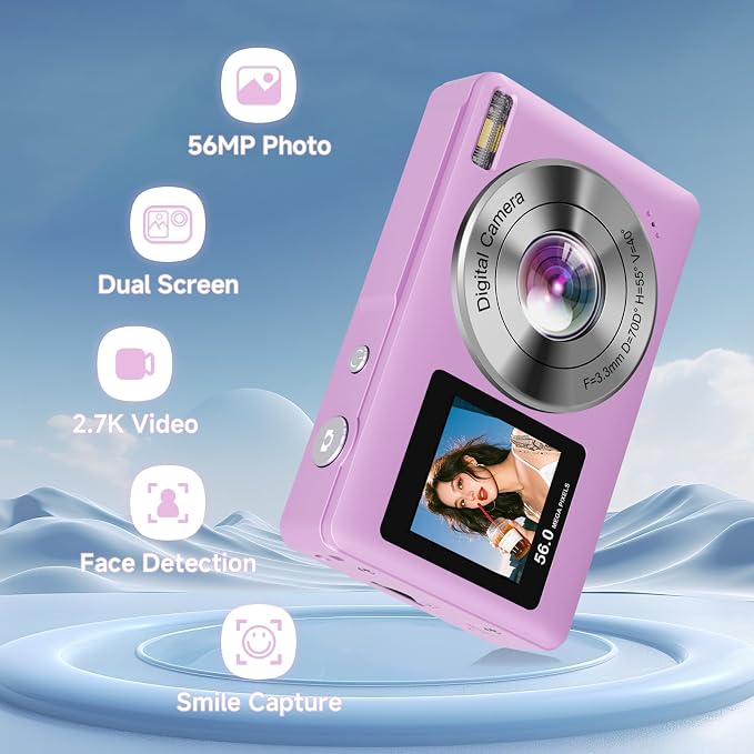 Digital Camera, 56MP 2.7K Dual-Screen Selfie Camera