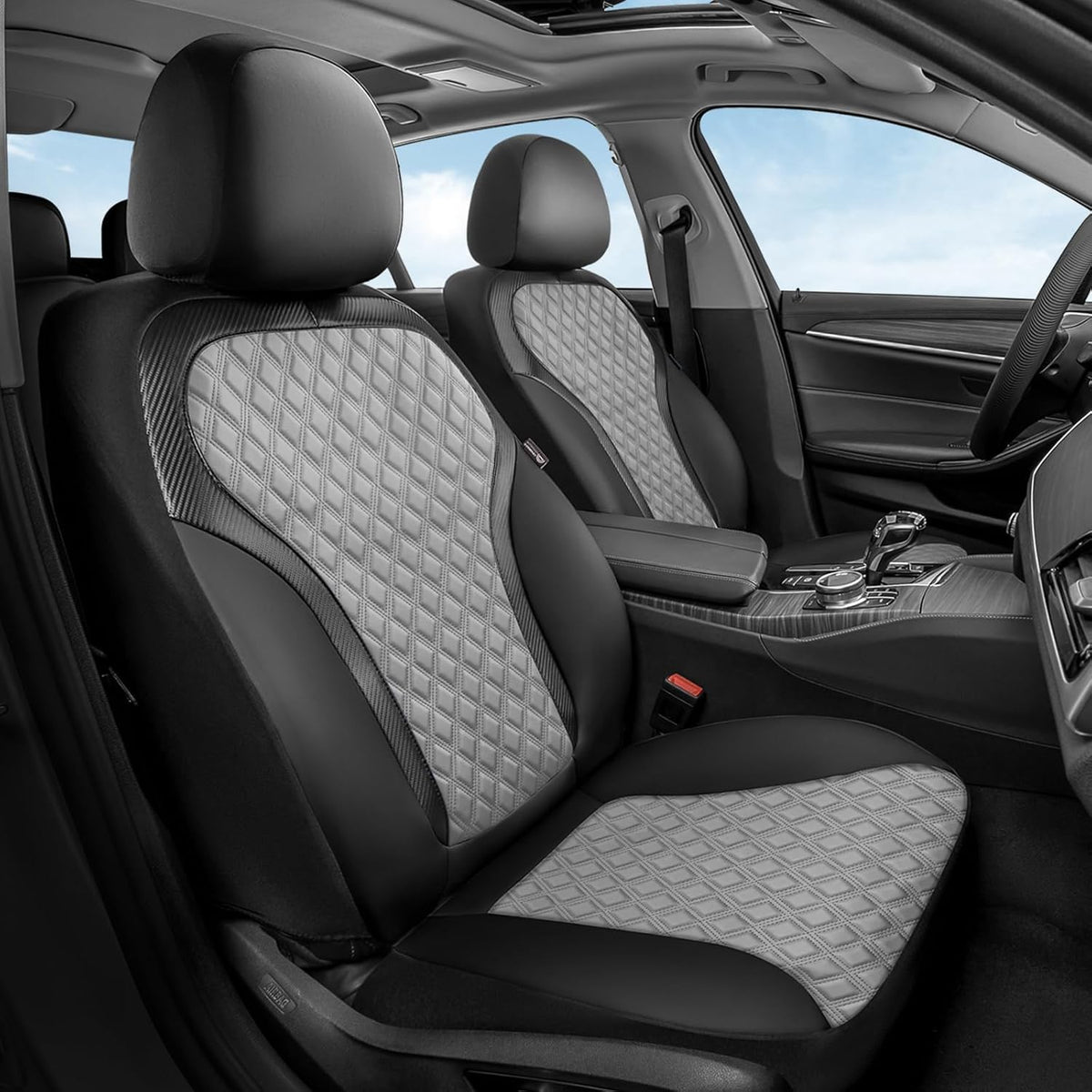 Coverado Front Seat Covers, Luxury Diamond Leather Car Seat Cover with Carbon Fibre Weave Design, Waterproof Car Seat Protectors, Black Driver Seat Covers Universal Fit for Cars SUV Trucks