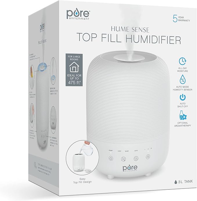 Pure Enrichment® HUME™ Sense Top Fill Humidifier – Large 3L Tank, Auto Mode Humidity Sensor, 3 Mist Settings, Optional Night Light, Optional Aromatherapy, Sleep Mode & Auto Shut-Off