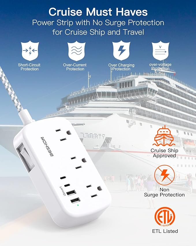 Extension Cord 20 Ft, Flat Plug Power Strip with 6 Outlets with 4 USB Ports(2 USB C), Wall Mount Charging Station, No Surge Protector for Home Office College Dorm Room Travel Essentials