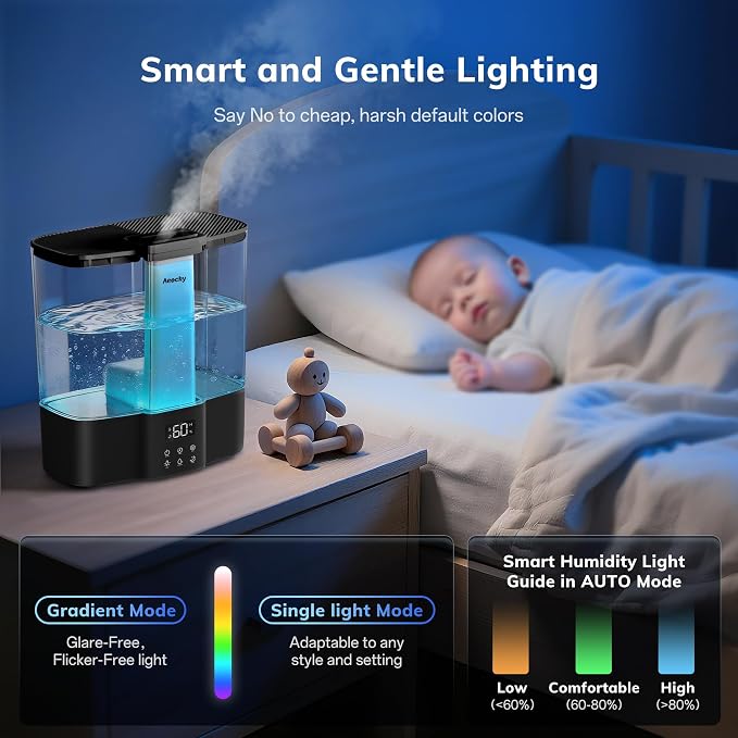 Geek-Level Aeocky Humidifier for Baby, Quiet Ultrasonic Humidifiers for Bedroom, Nursery with Ambient Light, 4L Top-Fill Cool Mist Diffuser with Timer, Sleep, Auto, Constant Humidity Mode (Black)