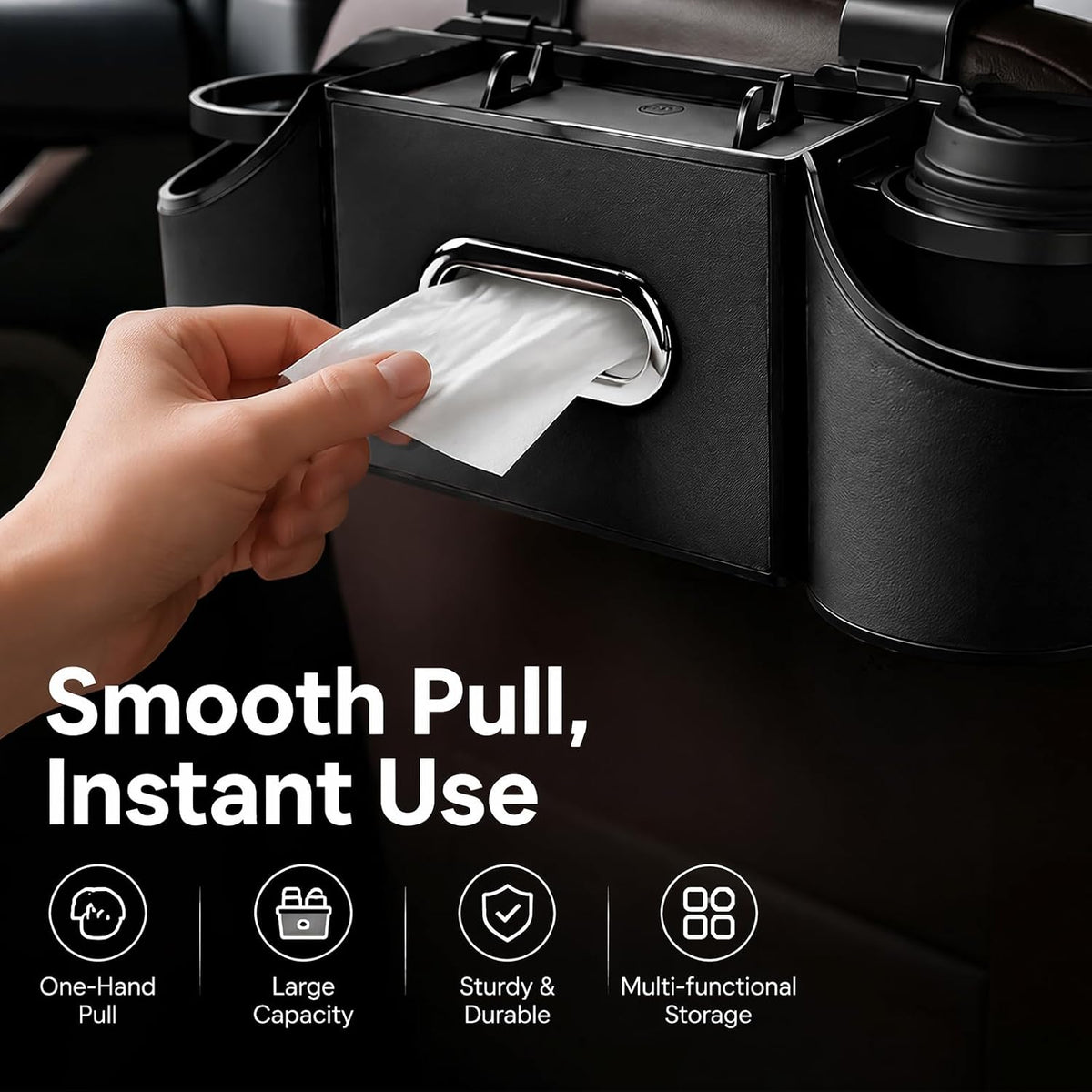 Back Seat Car Organizer, 2 Cup Holders, Tissue Holder, Phone Stand & Hooks
