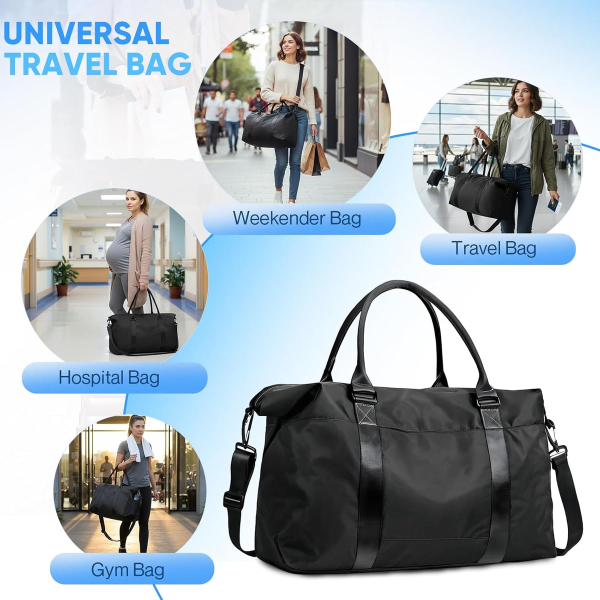 Skiennix Travel Duffle Bag - Versatile Weekender & Gym Bag with Trolley Sleeve | Black