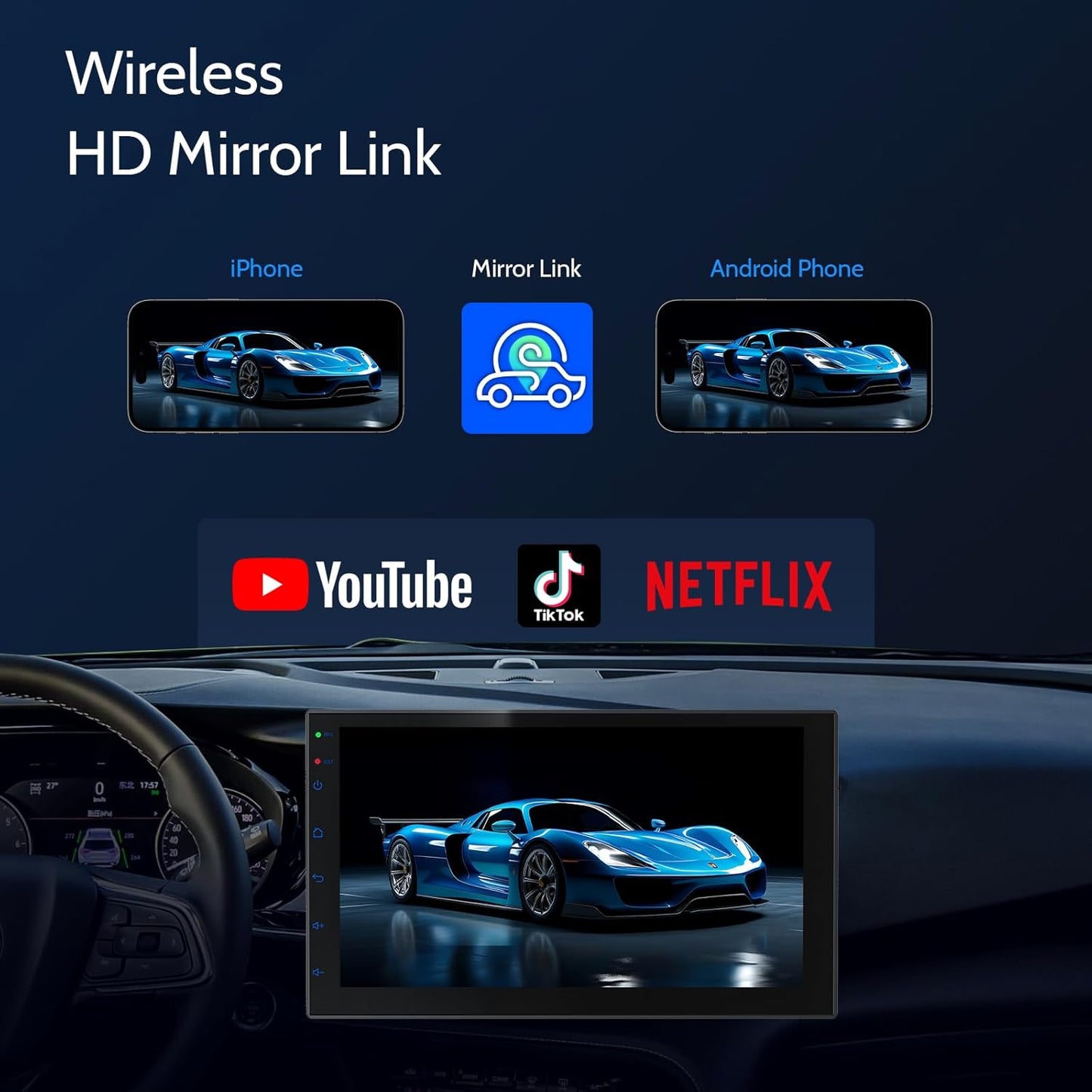 7 Inch Double Din carplay Screen,with Wireless CarPlay and Android Auto Car Stereo,HD Touch Car Radio with Mirror Link,Bluetooth,AUX,FM Transmitter for All Vehicle(No reversing Camera)