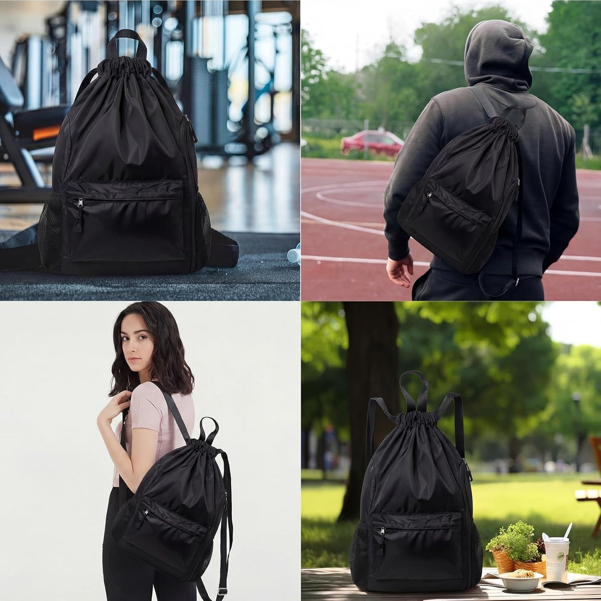 Skiennix Black Basketball Drawstring Backpack - Extra-Large Waterproof Gym Bag with Mesh Pocket for Men & Women