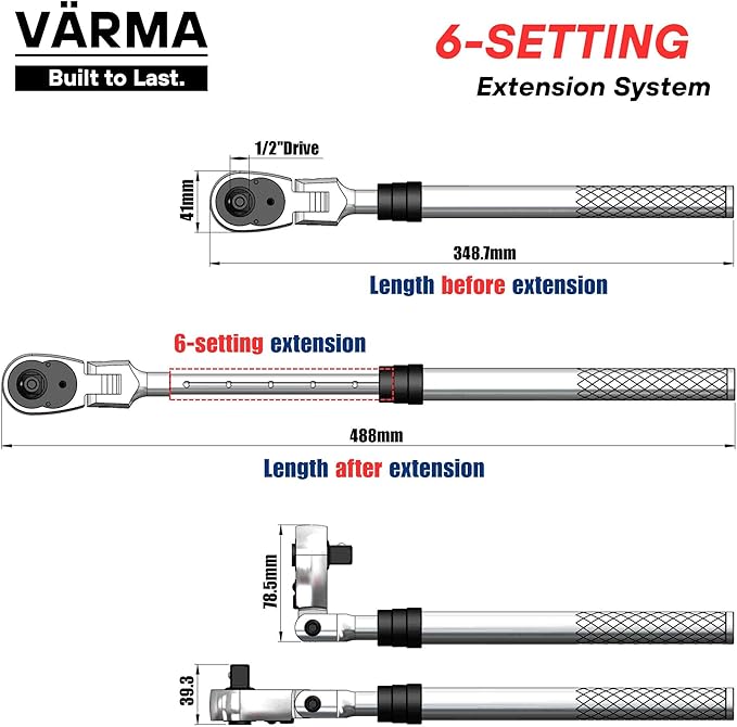 1/2" Drive Ratchet – 13.7–19.2" 6-Stage Extendable Handle, 90T Flex Head, Quick Release, Chrome Vanadium