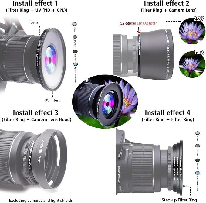 52mm Lens to 58mm Camera Filters Ring Compatible All 52mm Camera Lenses to 58mm