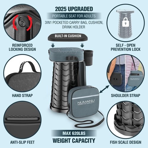 NUMANU 2026 Upgraded Collapsible Stool & 3IN1 Cushioned Carry Bag, Max 620lbs, 18" Height Adjustable Portable Stool Retractable Telescoping Seat, Foldable Camping Stool for Adults or Footrest (Square)