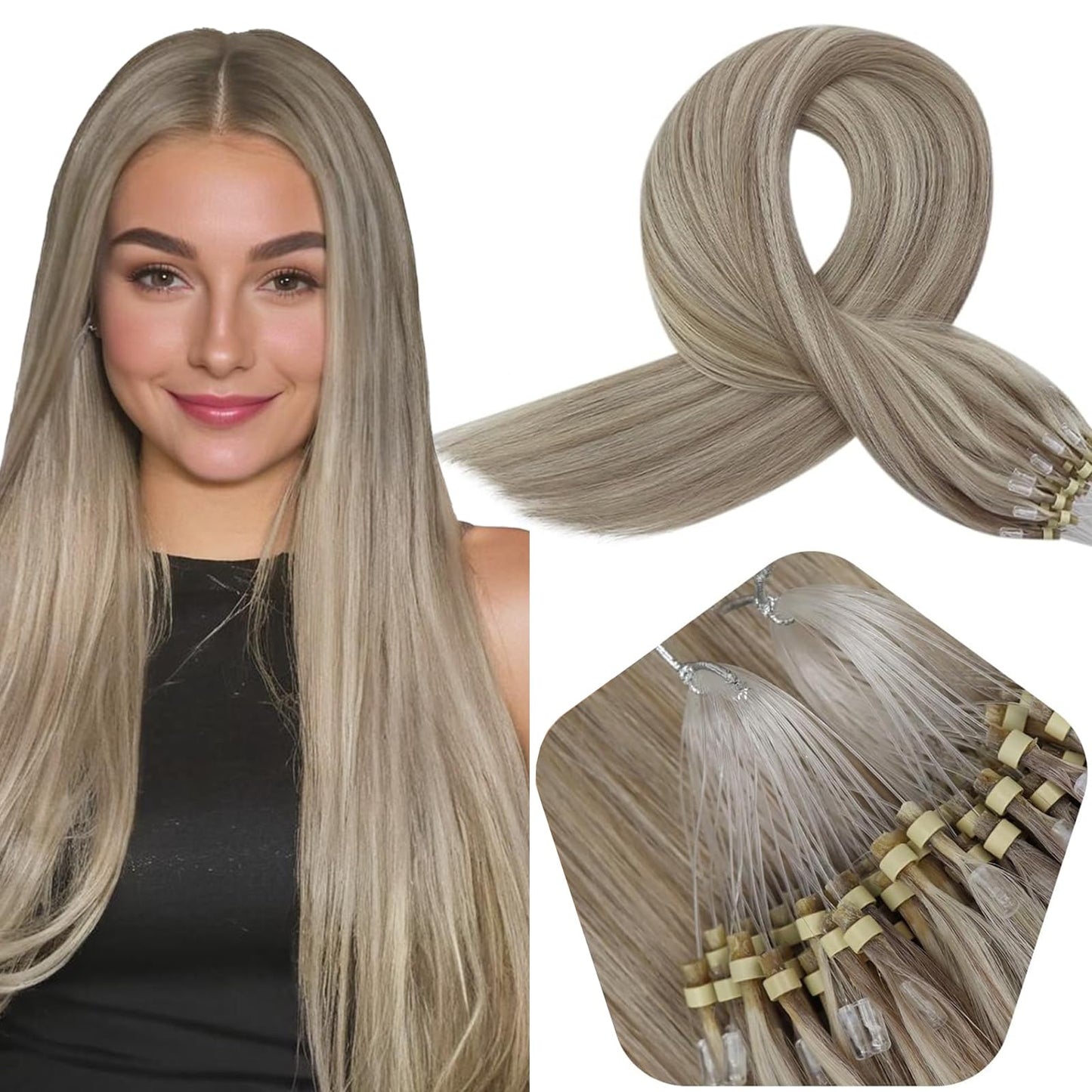 Full Shine Micro Ring Straight Hair Extensions Color 18/613 Ash Blonde Highlighted Bleach Blonde Micro Link Human Hair Extension