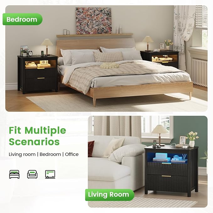HNEBC Set of 2 Smart Farmhouse Nightstands with Gun Safe Drawers, 3-Color Auto LED Lights, Built-in Charging Station & Hidden Compartment, Bedroom Bedside Tables Rustic Brown (91111A-2-Black)