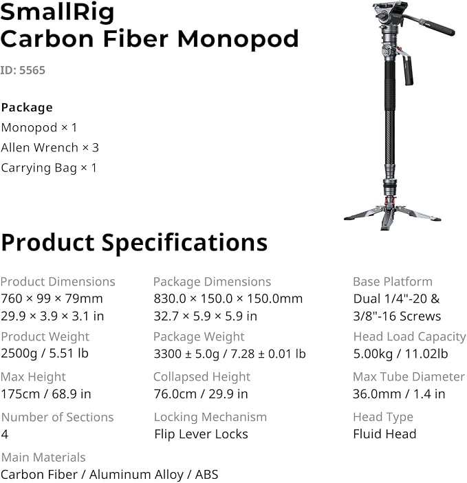 SmallRig 175cm / 68.9" Carbon Fiber Video Monopod