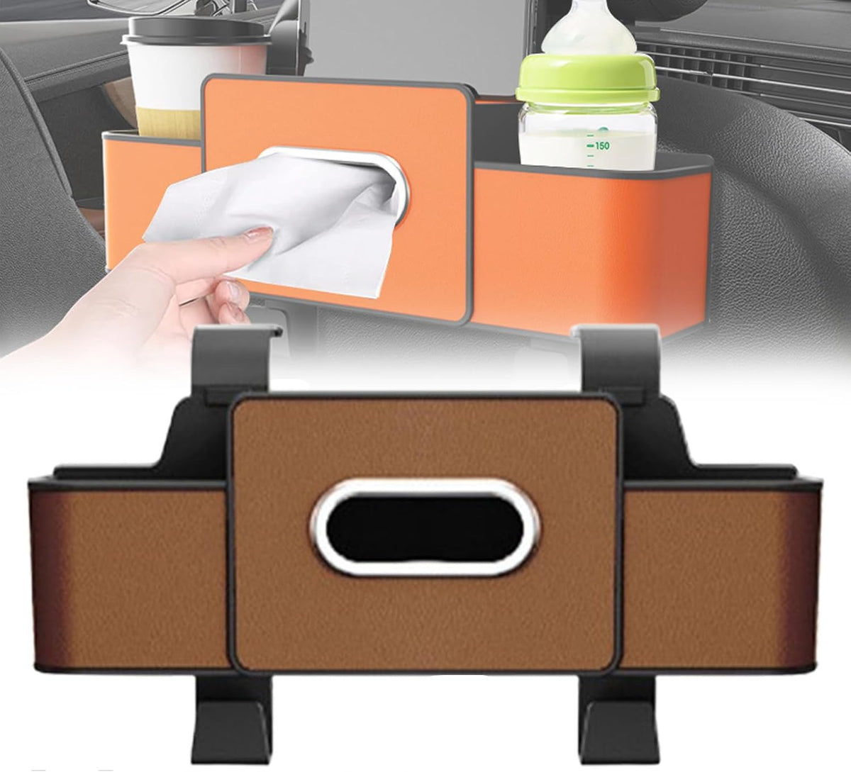 Car Organizer and Storage Box Back Seat, Car Organizer and Storage Box, 3-in-1 Car Seat Back Storage Box, with 2 Cup Holders, Tissue Box and Hooks, Smart Over-Seat CarOrganizer (1, White)