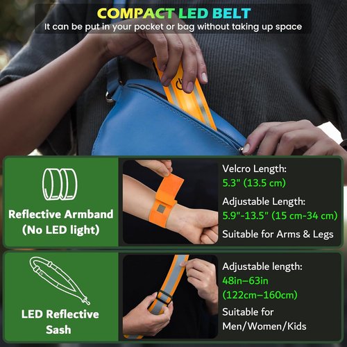 Fokia Kunbio LED Reflective Running Gear - High Visibility Adjustable Safety Belt & Armband for Night Walking | Unisex