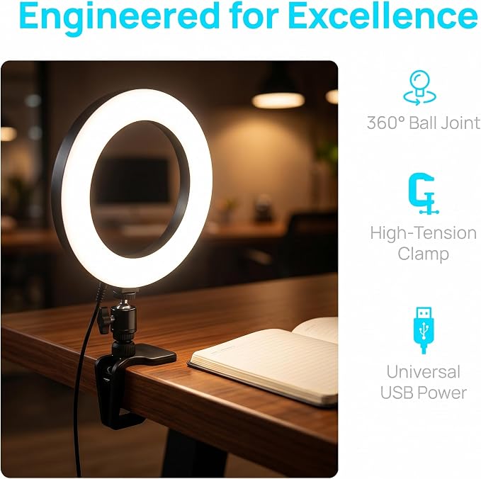 6" Ring Light with Desk Tripod Stand and Clip | Video Conference Lighting