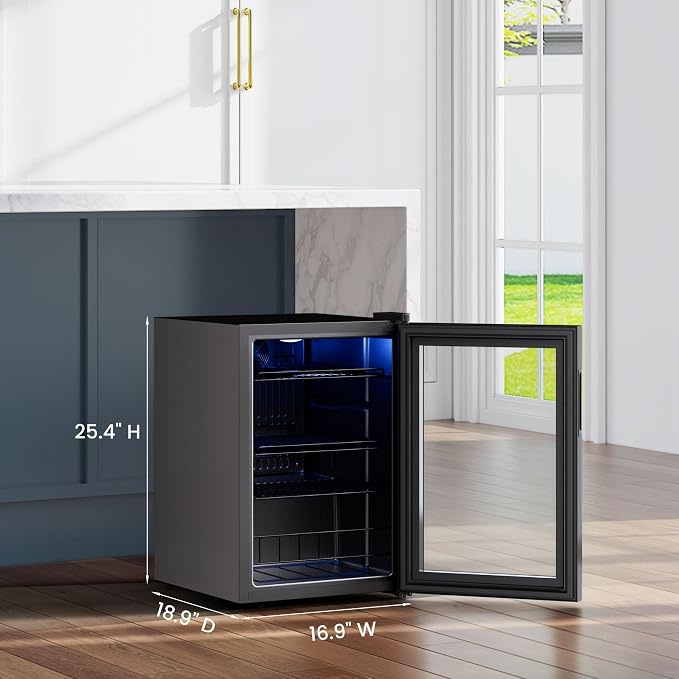 Yeego Beverage Refrigerator Drink Cooler, 85 Cans Mini Fridge Glass Door | Soda Wine Beer Cooler, 34°F To 54°F Temperature Control, for Home Office Bar, Adjustable Shelves,Freestanding, Black