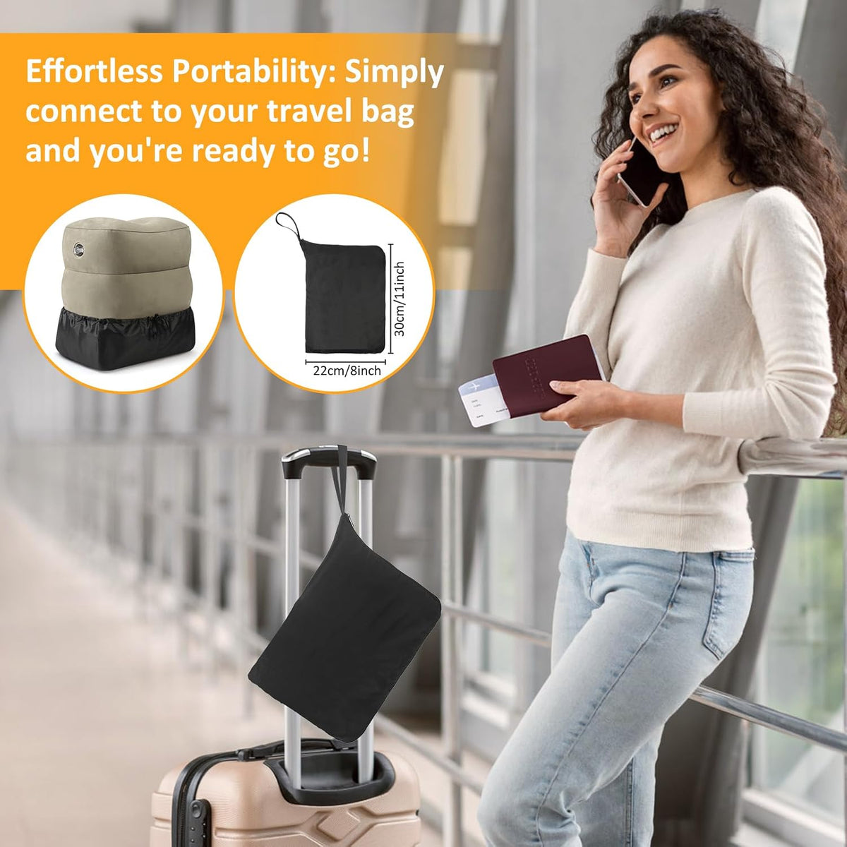 Inflatable Foot Rest Pillow for Travel - Adjustable Height Flight Foot Rest with Eye Mask and Earplugs for Kids & Adults on Airplane, Car, Train, Office, and Home (Gray, 1 PCS)
