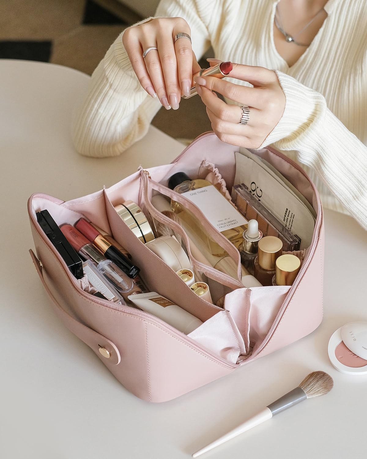EACHY Travel Makeup Bag for Women, PU Leather Cosmetic Bag, Pink, Large