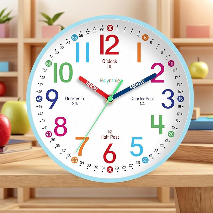 Roymnie Wall Clock 8 Inch for Kids Learning to Tell Time Easily Non Ticking