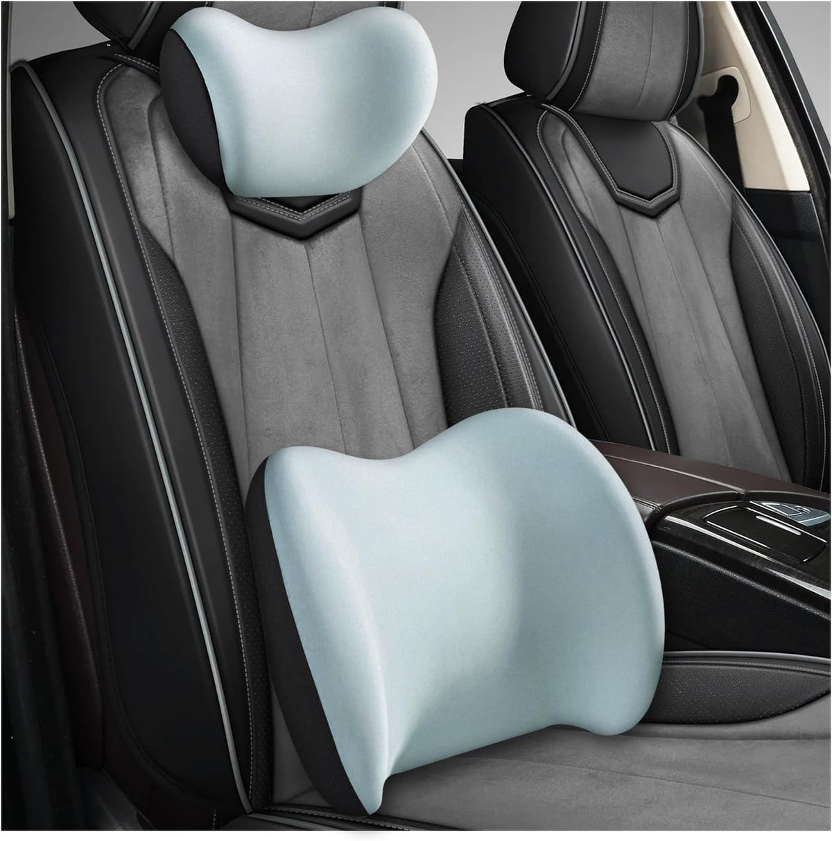 Car Headrest & Lumbar Support Cushion, Ergonomic Memory Foam Car Neck Back Support w/Removable Cover, Universal Breathable Lumbar Cushion Headrest Pillow with Adjusatble Strap (Black)