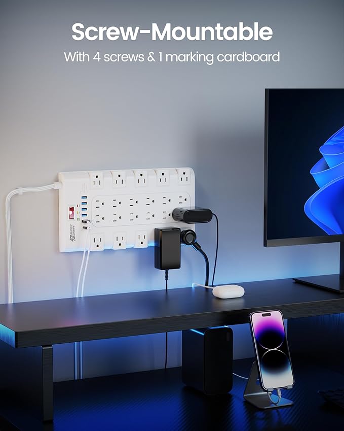 Flat Plug Power Strip 10Ft, SUPERDANNY Surge Protector with 22 AC Outlets and 6 USB (1 USB-C), 1875W/15A, 2100 Joules, Heavy Duty Extension Cord 10 ft for Home, Office, Dorm, Gaming Room, White
