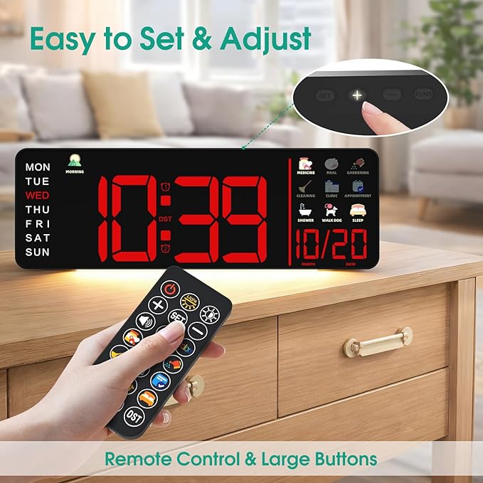 Hoifen Clock with Day and Date for Seniors, Remote Control, Night Light