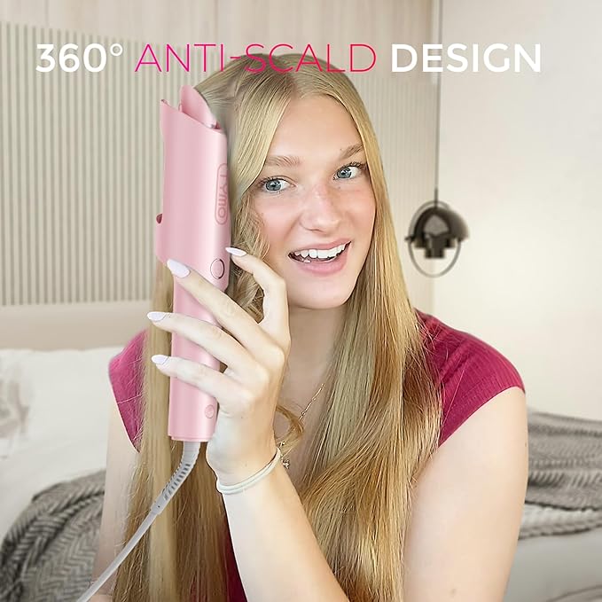 TYMO Automatic Rotating Curling Iron - TYMO CURLPRO Beach Waves Curling Wand, Portable Hair Curler, 500 Million Ionic, Dual Voltage & Lightweight for Travel, Ceramic Coating, 1 Inch, Pink