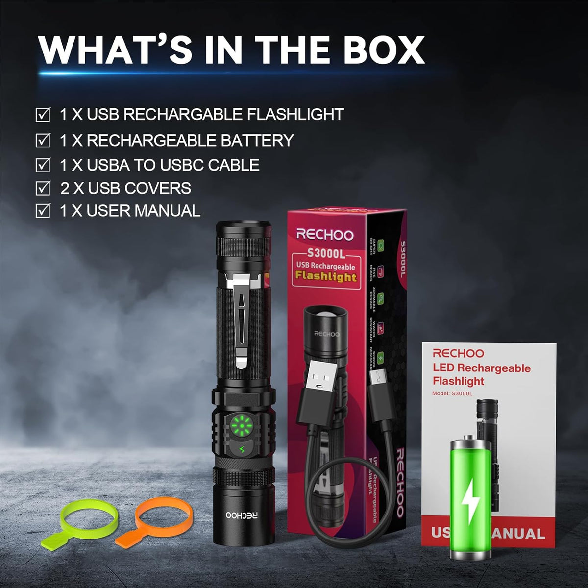 RECHOO Rechargeable LED Flashlight - High Lumens, Dual Switch, 5 Lighting Modes | Ideal for Home & Camping