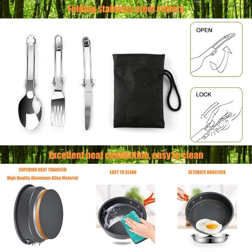Camping Cooking Set Camp Cookware, Kitchen Pots and Pans Set - Backpacking Equipment Hiking Cooking Set - Portable 300ml + 150ml Water Cup with Handle - Carabiner - Dishcloth - 2 Folding Cutlery