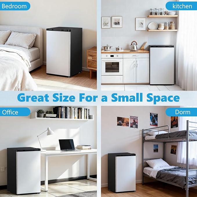 COWSAR 3.2 Cu.Ft Mini Fridge with Freezer for Bedroom Office, Silver | Single Reversible Door, 7 Temperature Settings, Energy Saving, 2 Removable Shelves, Compact Fridge for Apartment Dorm
