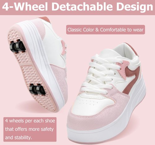 ANEFUN Roller Skate Shoes for Kids Boys Girls Sneakers with Detachable Wheels Sport Shoe White/Pink