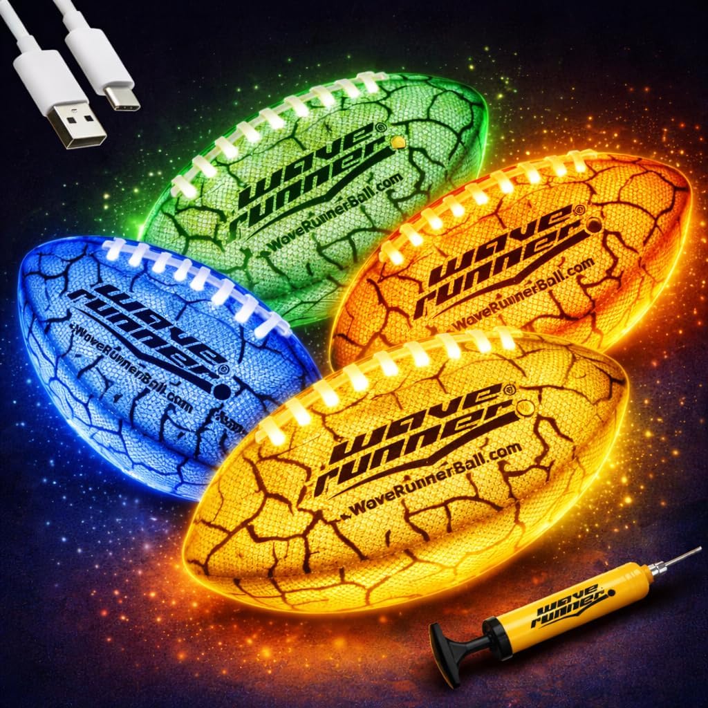 Wave Runner Glow In The Dark LED Football - Waterproof Rechargeable Junior Size Light Up Football | Perfect Outdoor Sports Toy for All Ages