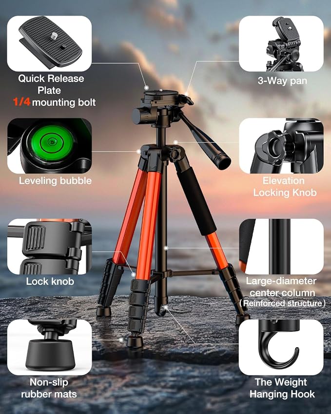 73" Camera Tripod Stand, Aluminum Tripod