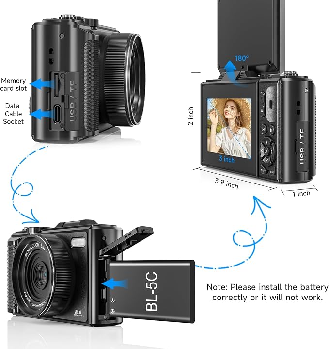 5K Vlogging Digital Camera for Beginners, 80MP Travel Camera for Photography