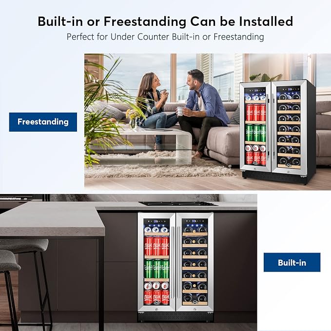 24" Dual Zone Wine and Beverage Cooler Quiet Compressor | Dual zone, quiet <38dB, fast cool, smart touch, temp memory, built-in/free, 20 wine+88 cans