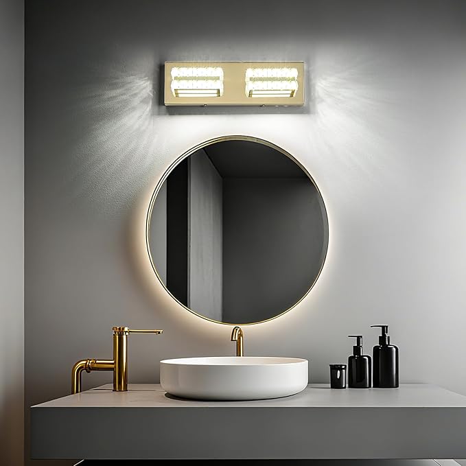 OKELI Crystal Vanity Lights LED Bathroom Vanity Light Fixture Over Mirror Modern Indoor Gold Lamp, 6000K Cold White Dimmable, 2-Lights, 18W, ETL Listed