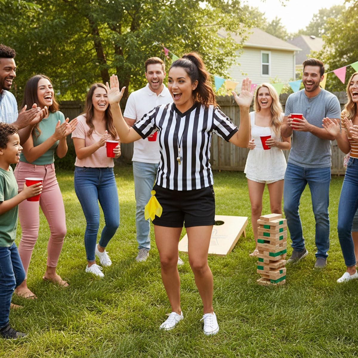 Skiennix Referee Shirt - 4-Piece Umpire Costume Set with Jersey, Flags & Whistle for Football Halloween