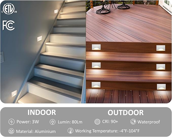 120V Stair Lights Indoor, 3W 5CCT Dimmable LED Stairway Lights Indoor Outdoor for Stairs Steps Decks, IP65 Waterproof, ETL, Aluminum, White, Pack of 6